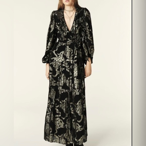 ba&sh Dresses & Skirts - ba&sh Black Maxi Dress with Metallic Gold Pattern
